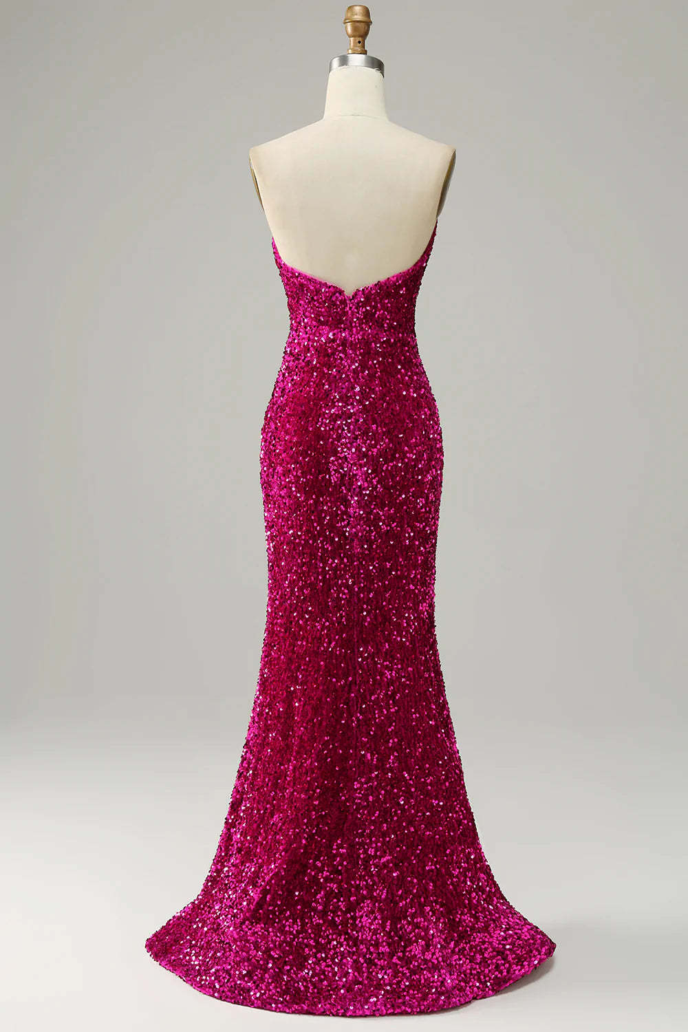 Strapless Sequin Prom Dress in Hot Pink Featuring a Slit