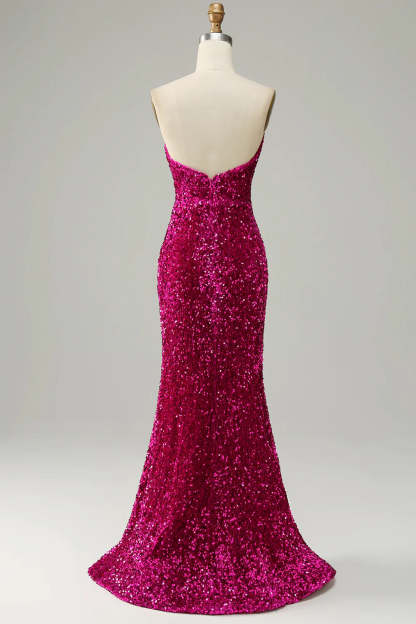 Strapless Sequin Prom Dress in Hot Pink Featuring a Slit
