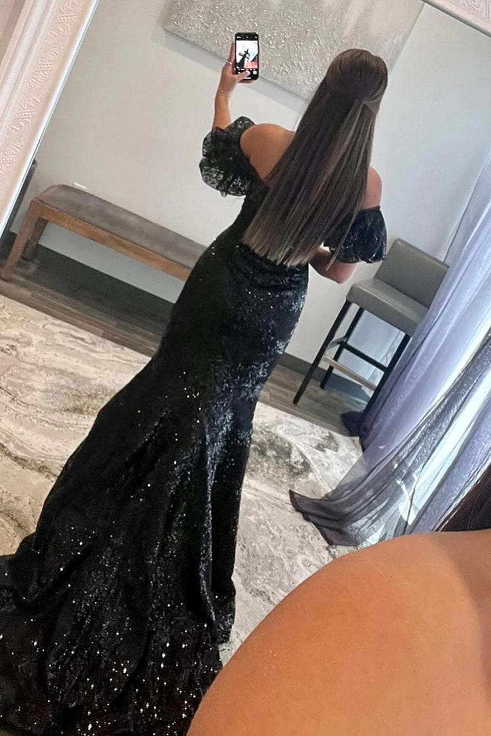 Long Off the Shoulder Prom Dress with Sparkly Black Sequins