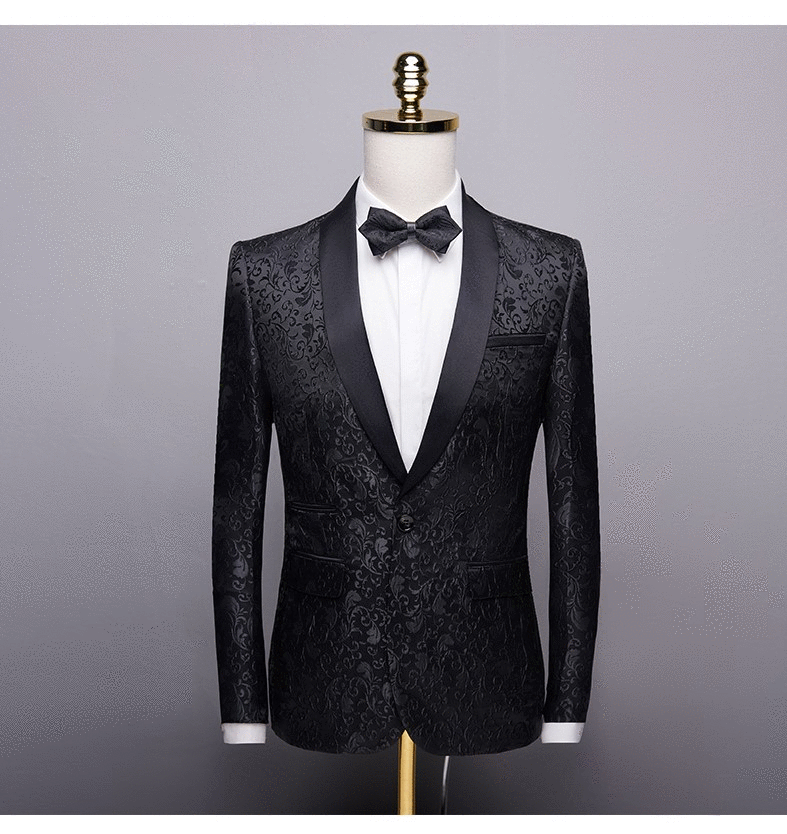 Unique Slim Fit Two-Piece Black Jacquard Shawl Lapel Men's Suits Wedding Groom Tuxedos