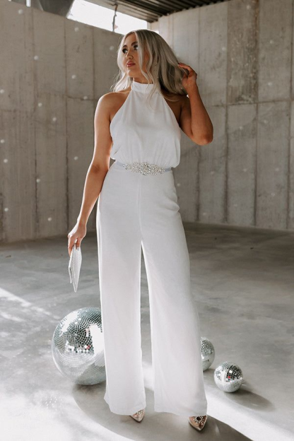 White High-Neck Strapless Jumpsuit With Beaded Belt Jump Suit