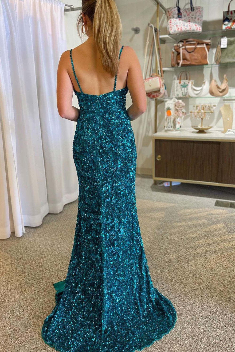 Long Peacock Blue Sequined Prom Dress with Mermaid Spaghetti Straps and Front Split
