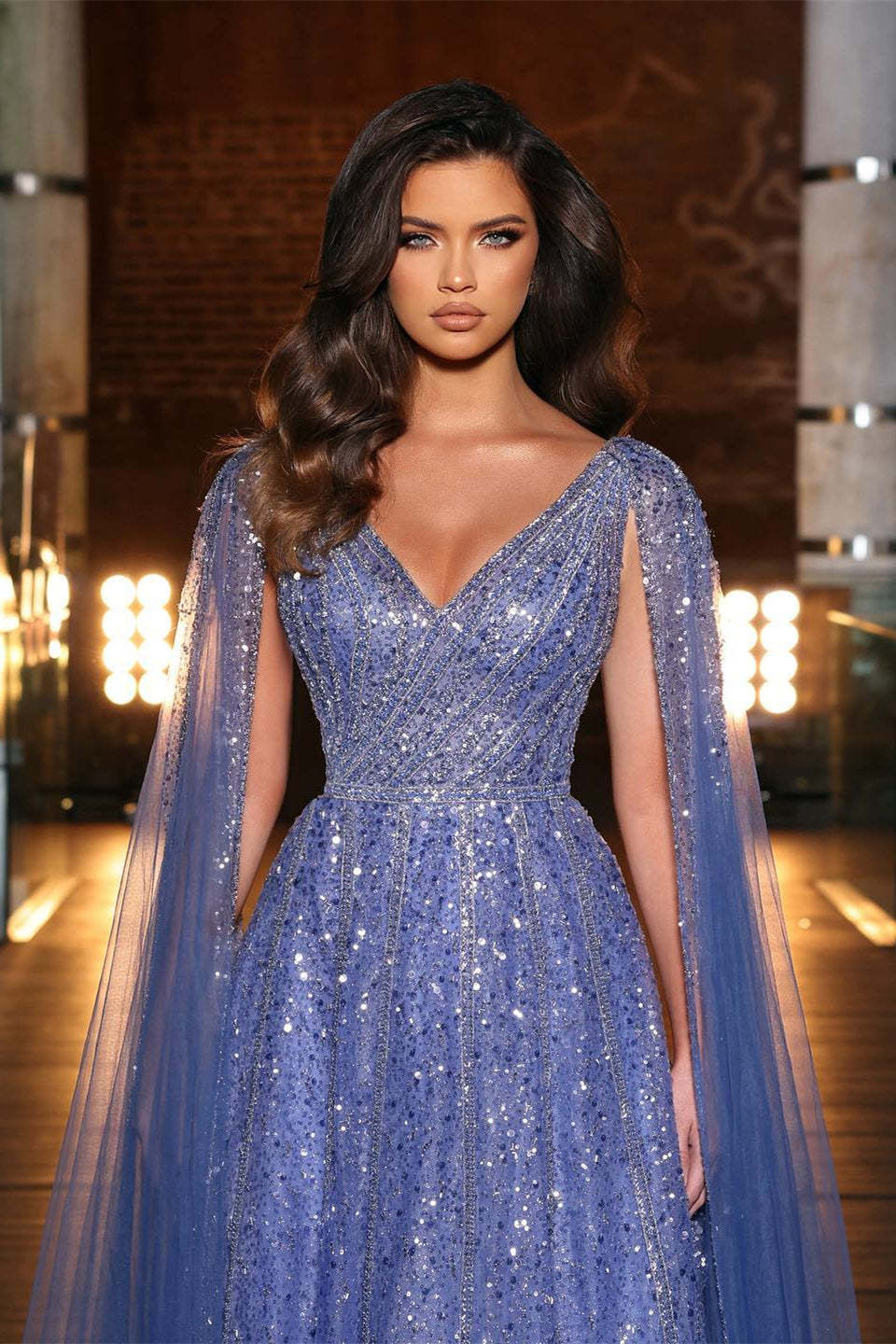 Sheer Straps Watteau Blue Tulle Long Evening Dress With Sequins Beads