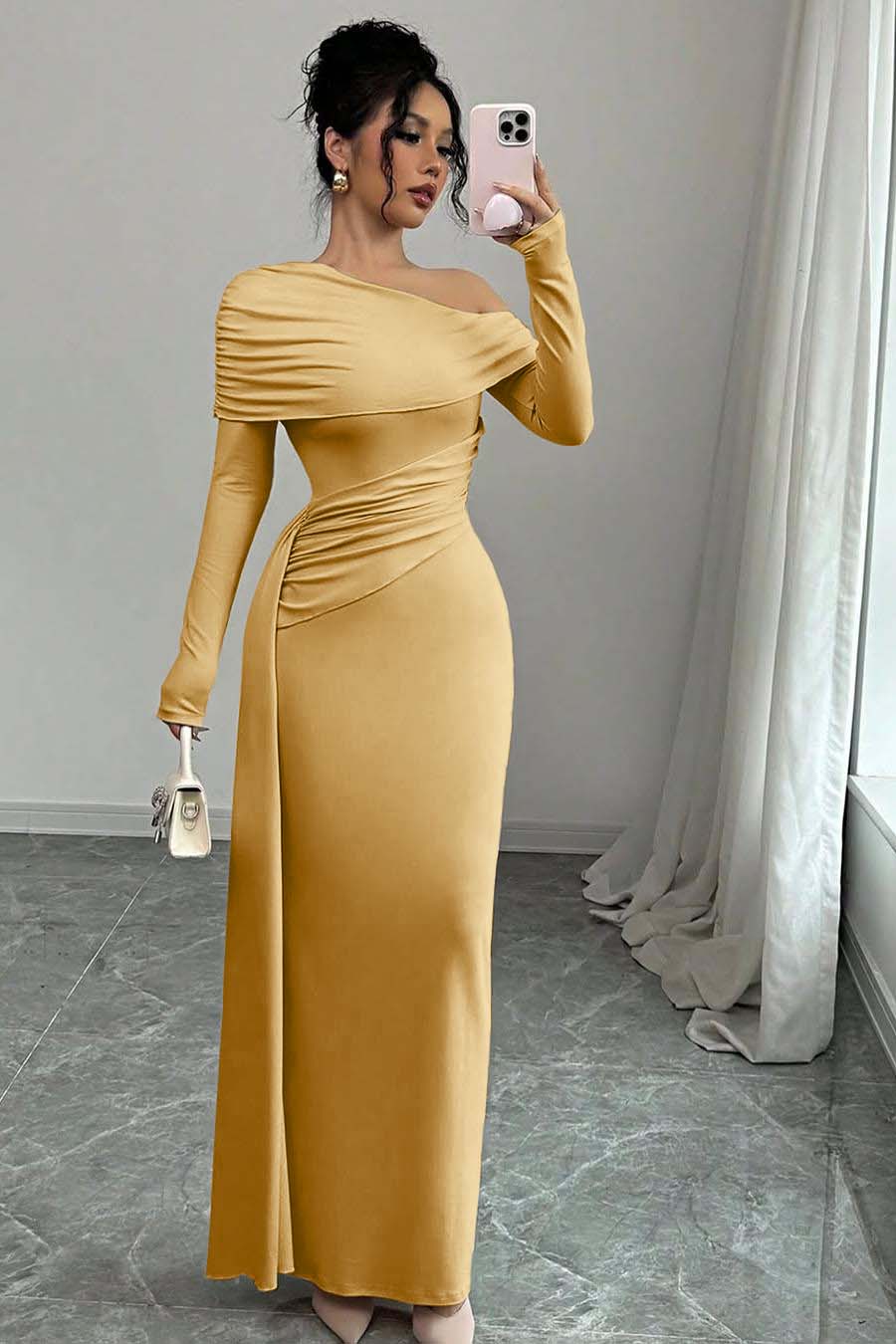 Off the Shoulder Long Sleeves Long Mermaid Formal Dress With Ruffles