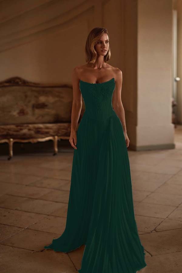 Strapless Sleeveless Long Formal Dress With Appliques Pleated