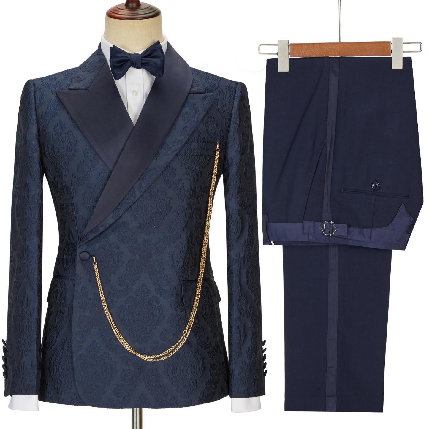 Brandon New Arrival Navy Blue Slim Fit Jacquard Peaked Lapel Wedding Men's Suits