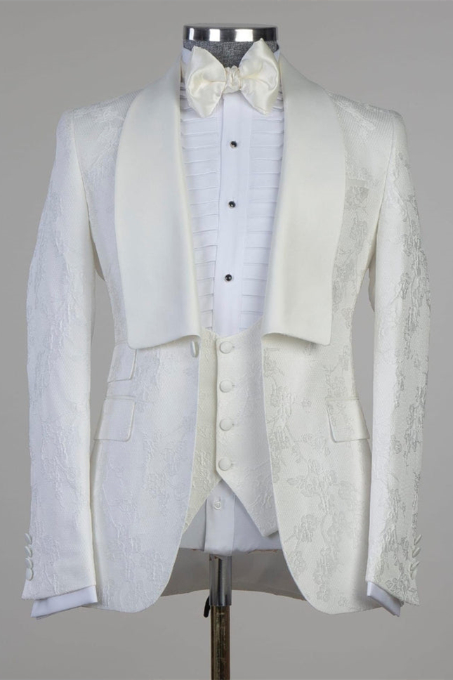 Latest Design White Jacquard One-Button Wedding Suits with Shawl Lapel