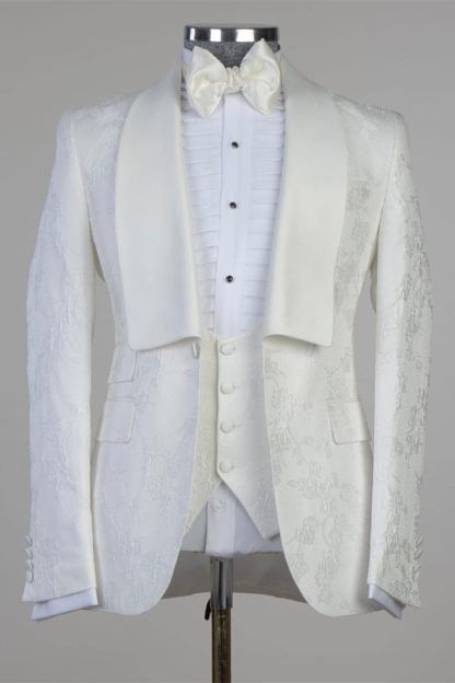 Latest Design White Jacquard One-Button Wedding Suits with Shawl Lapel