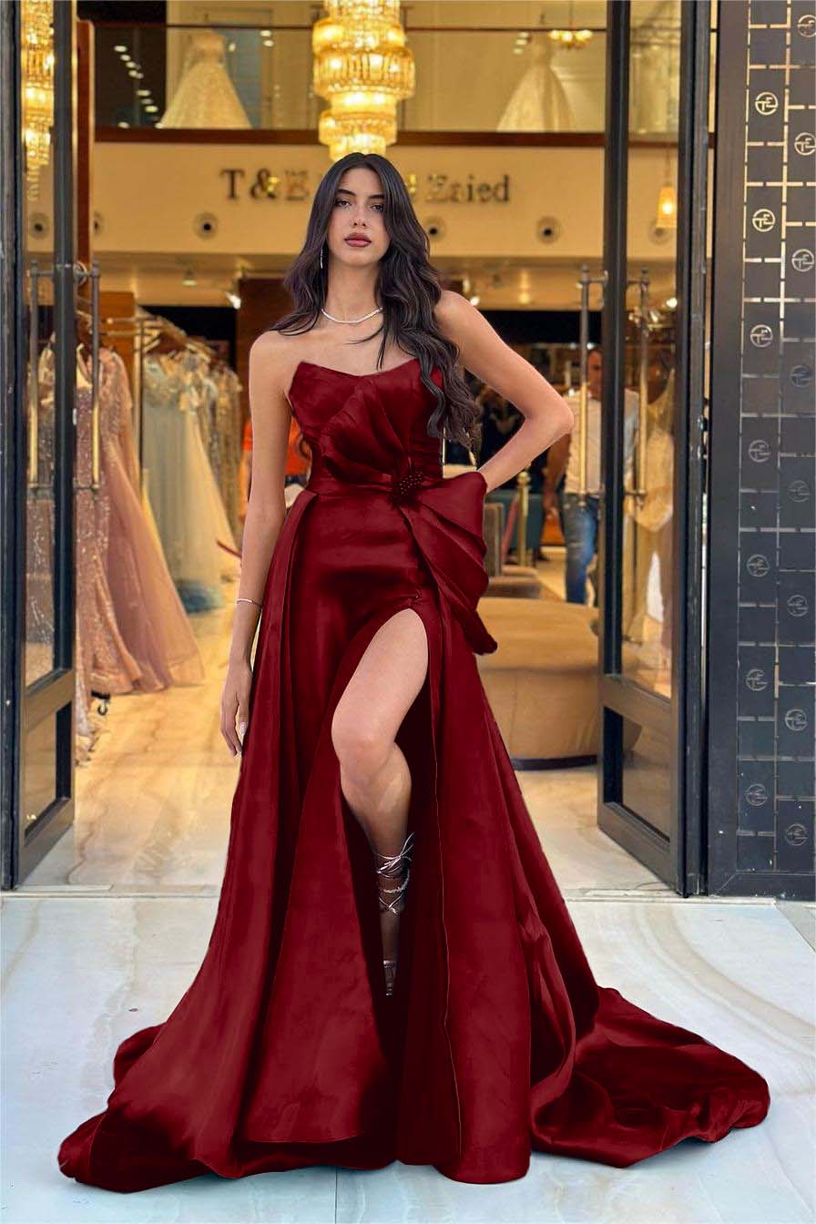 Chic Navy Blue Strapless Sleeveless Long Split Formal Dress With Bowknot