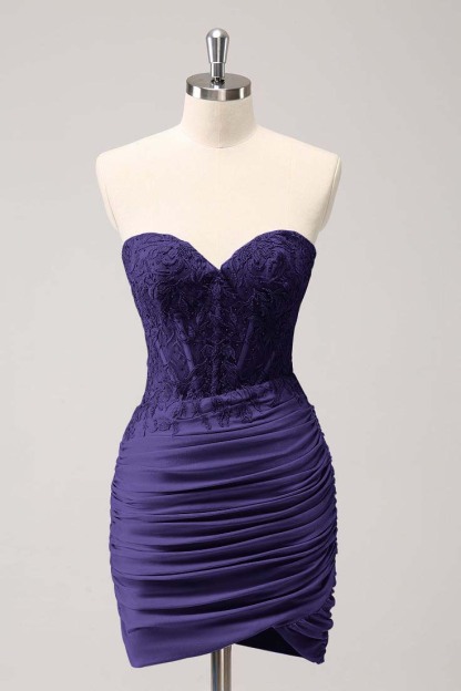 Light Purple Sweetheart Pleated Embroidery Glamorous Short Mini cocktail Dress