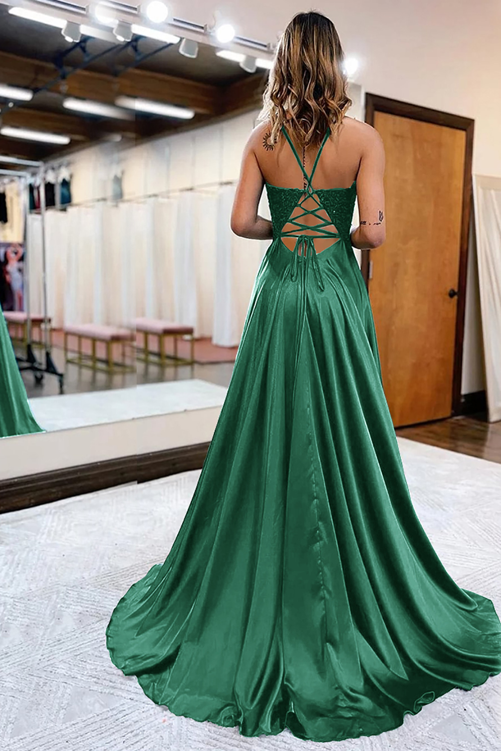Prom Dress in Dark Green Satin with A-Line Silhouette and Appliques Featuring a Slit