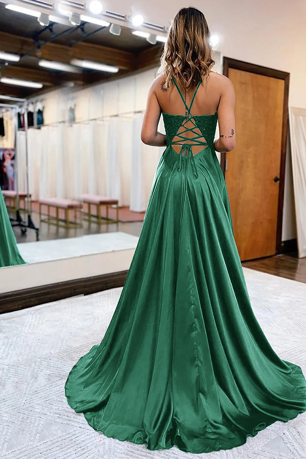 Prom Dress in Dark Green Satin with A-Line Silhouette and Appliques Featuring a Slit