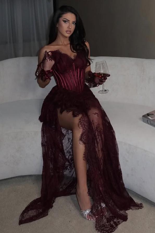 Strapless Sleeveless Long Mermaid Formal Dress With Split Lace