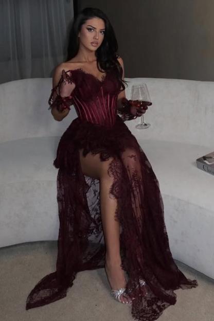 Strapless Sleeveless Long Mermaid Formal Dress With Split Lace
