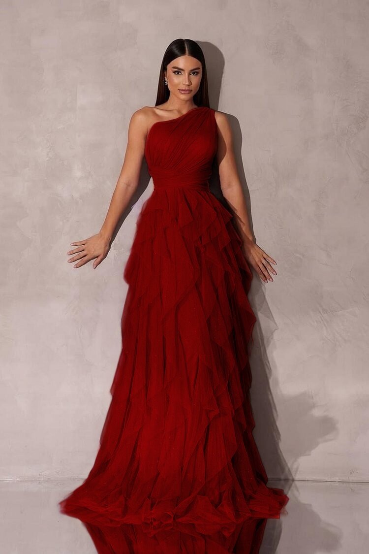 Chic One Shoulder Sleeveless Long Formal Dress With Tulle Ruffle