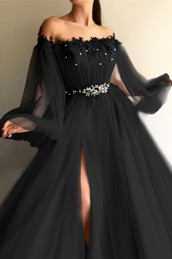 Long Sleeves Off-the-Shoulder Evening Dress With Beads