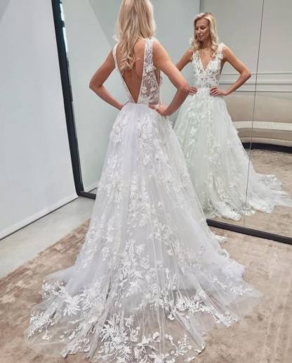Glamorous Backless Long A-Line V-Neck Wedding Dress with Tulle Lace