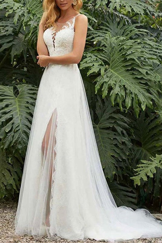 Split Lace Sleeveless Wedding Dress