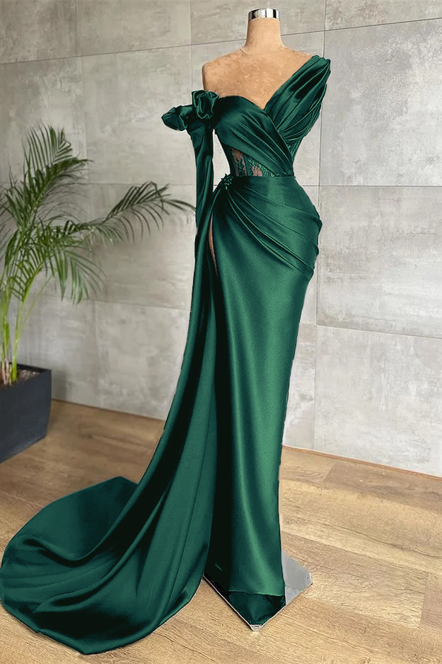 Black One Shoulder Long Sleeve Lace Pleated Long Formal Dress With Side Split