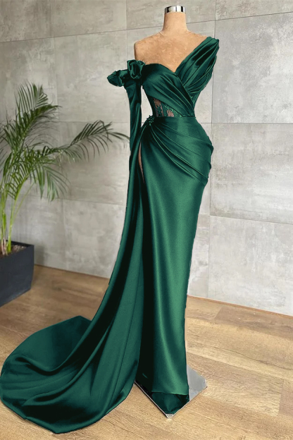 Black One Shoulder Long Sleeve Lace Pleated Long Formal Dress With Side Split