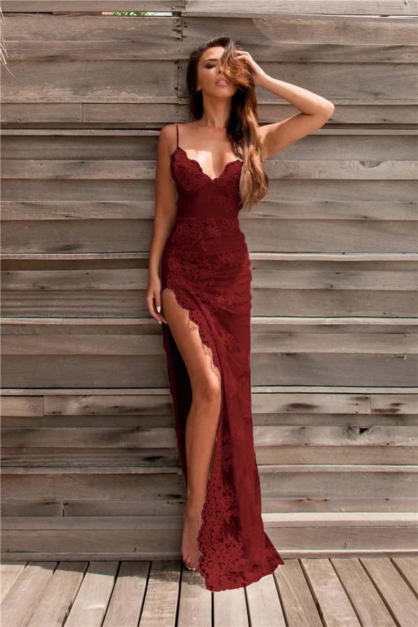 Spaghetti-Strap Lace Evening Dress With Slit