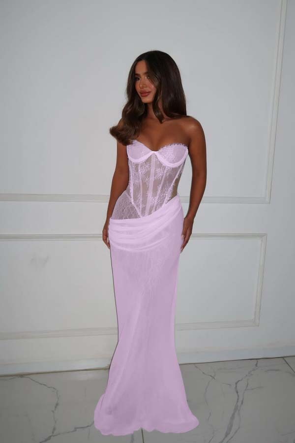 Strapless Sleeveless Long Mermaid Formal Dress With Lace Pleated