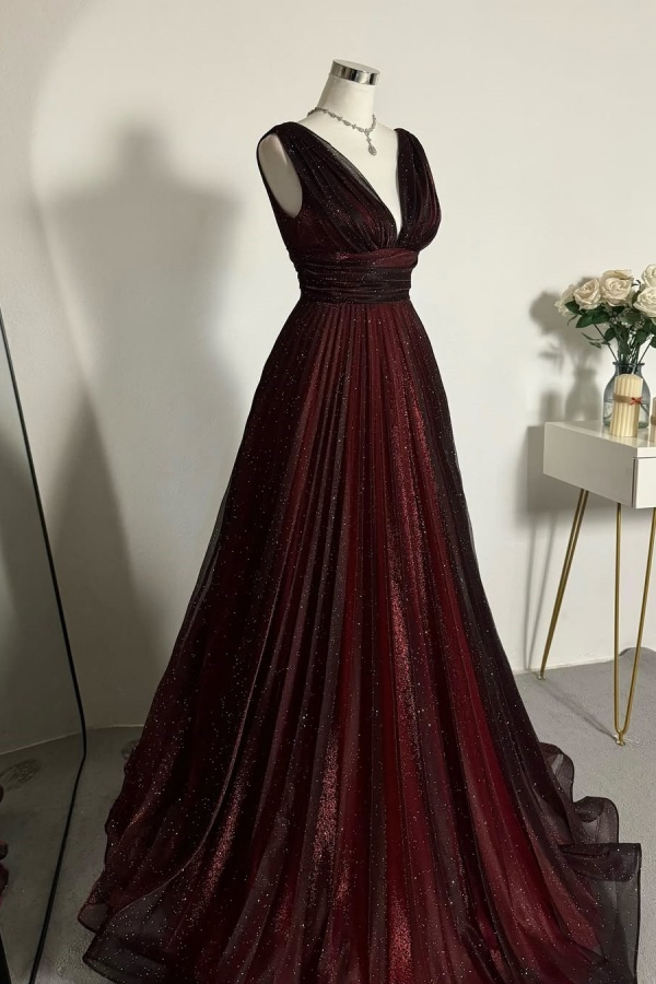 Red Black V-Neck Glittery Evening Dress