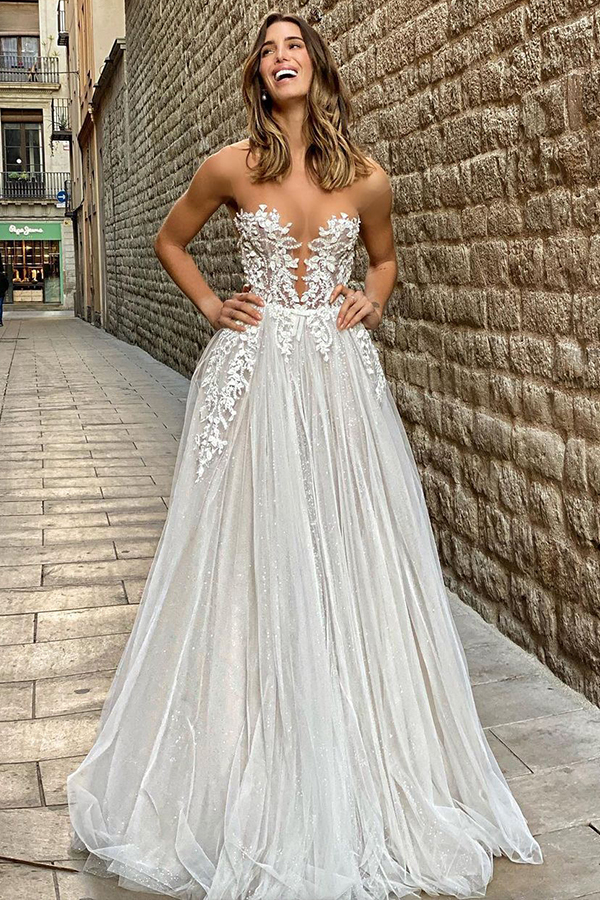 Romantic Floor-Length Sheer A-Line Wedding Dress with Tulle Appliques
