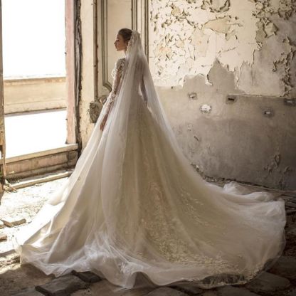 Chic Deep V-Neck Floor-Length Long Sleeves A-Line Wedding Dress Tulle with Appliques Lace Ruffles