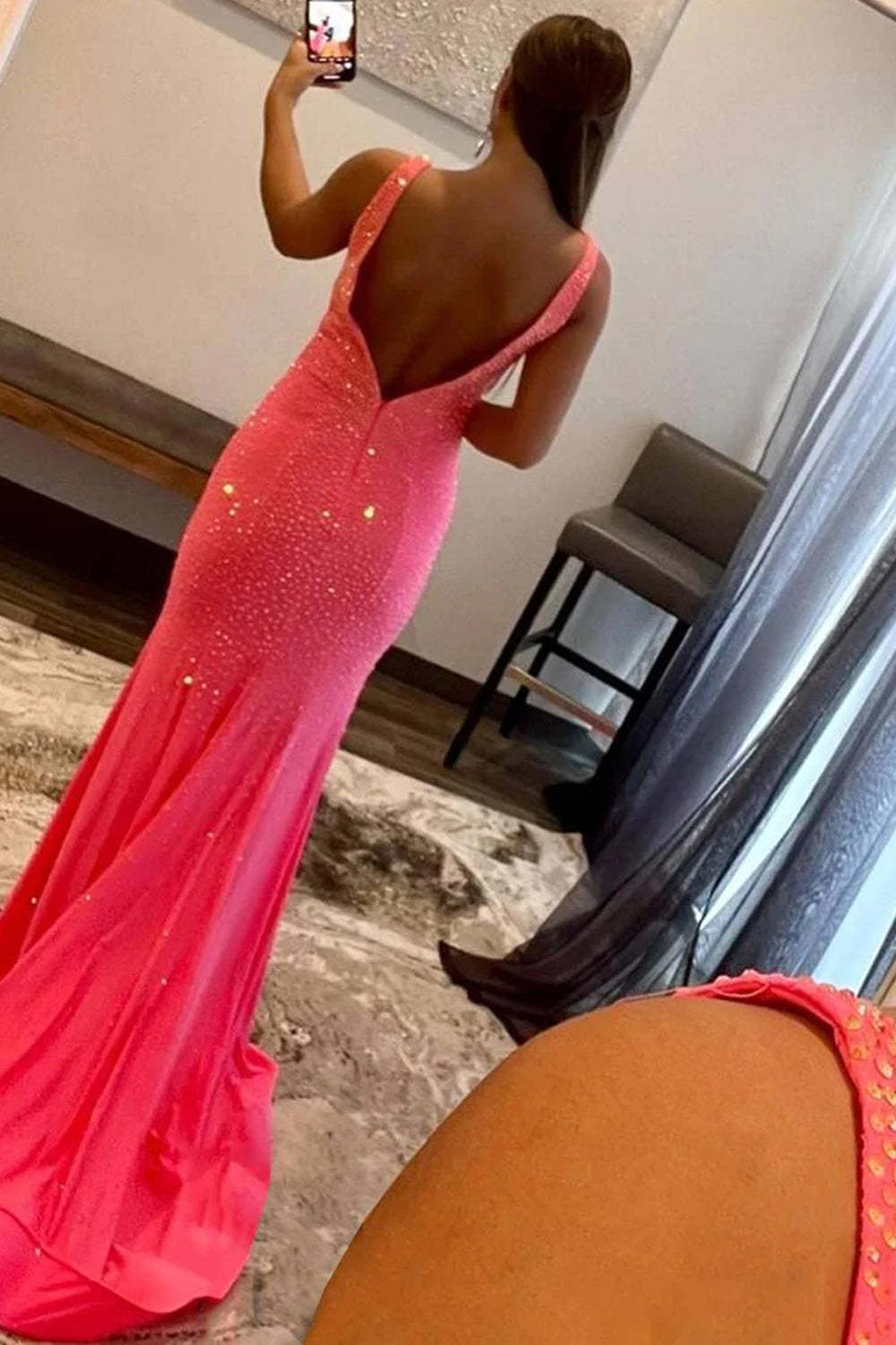 Pink Long Prom Dress with Beading in a Mermaid Deep V Neck