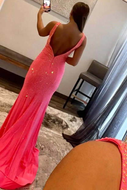 Pink Long Prom Dress with Beading in a Mermaid Deep V Neck