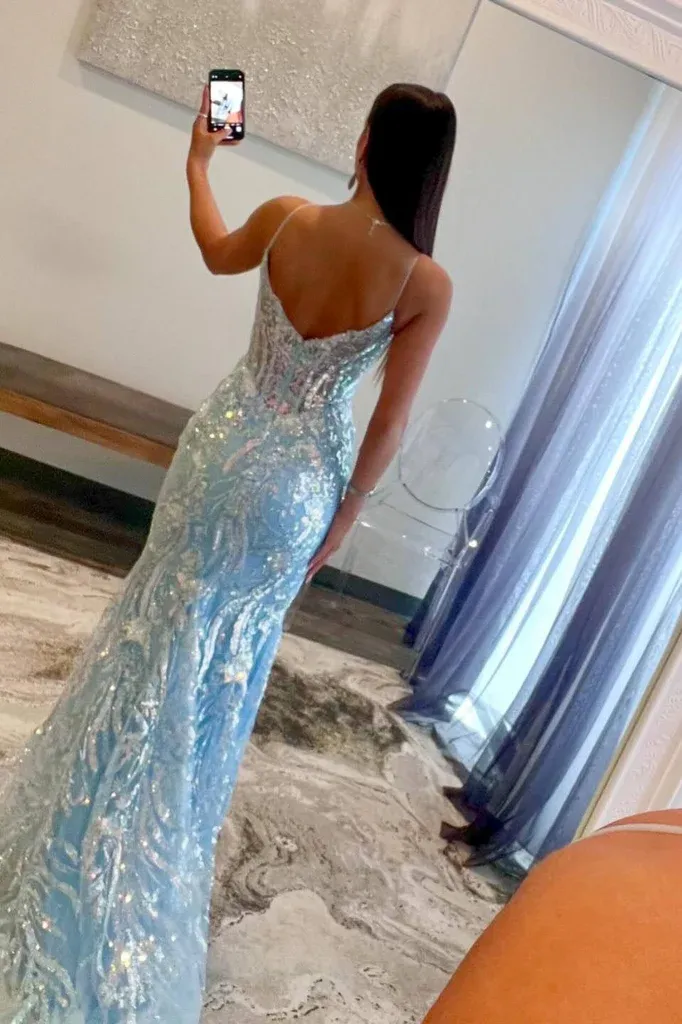 Elegant Blue Mermaid Corset Prom Dress with Sequins and Spaghetti Straps