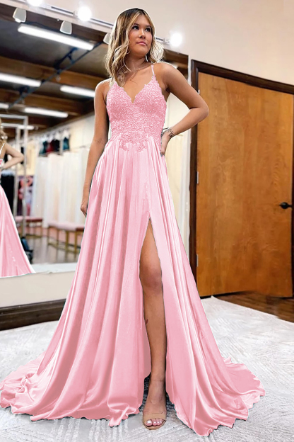 Prom Dress in Dark Green Satin with A-Line Silhouette and Appliques Featuring a Slit