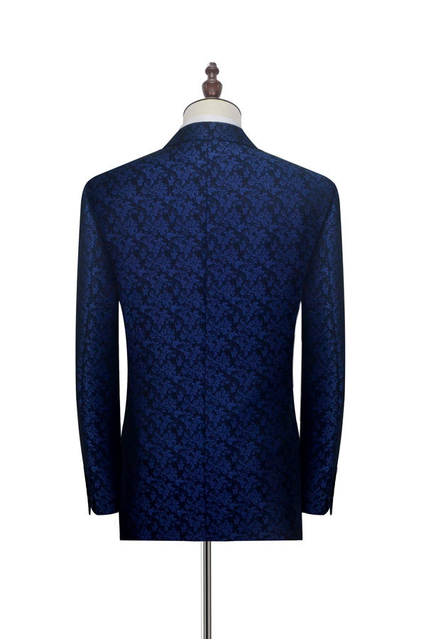 Blue Floral Pattern Tuxedos for Wedding with Black Velvet Peak Collar Prom Suits