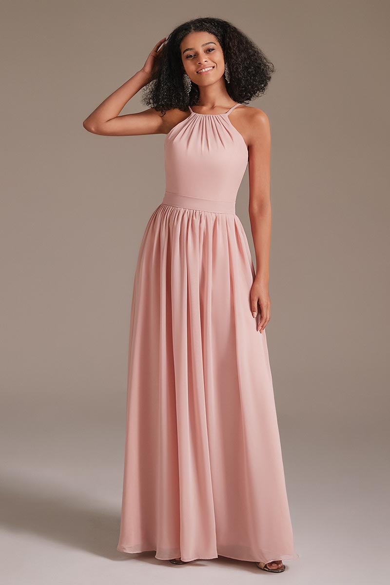 Chiffon Pink Halter Bridesmaid Dress