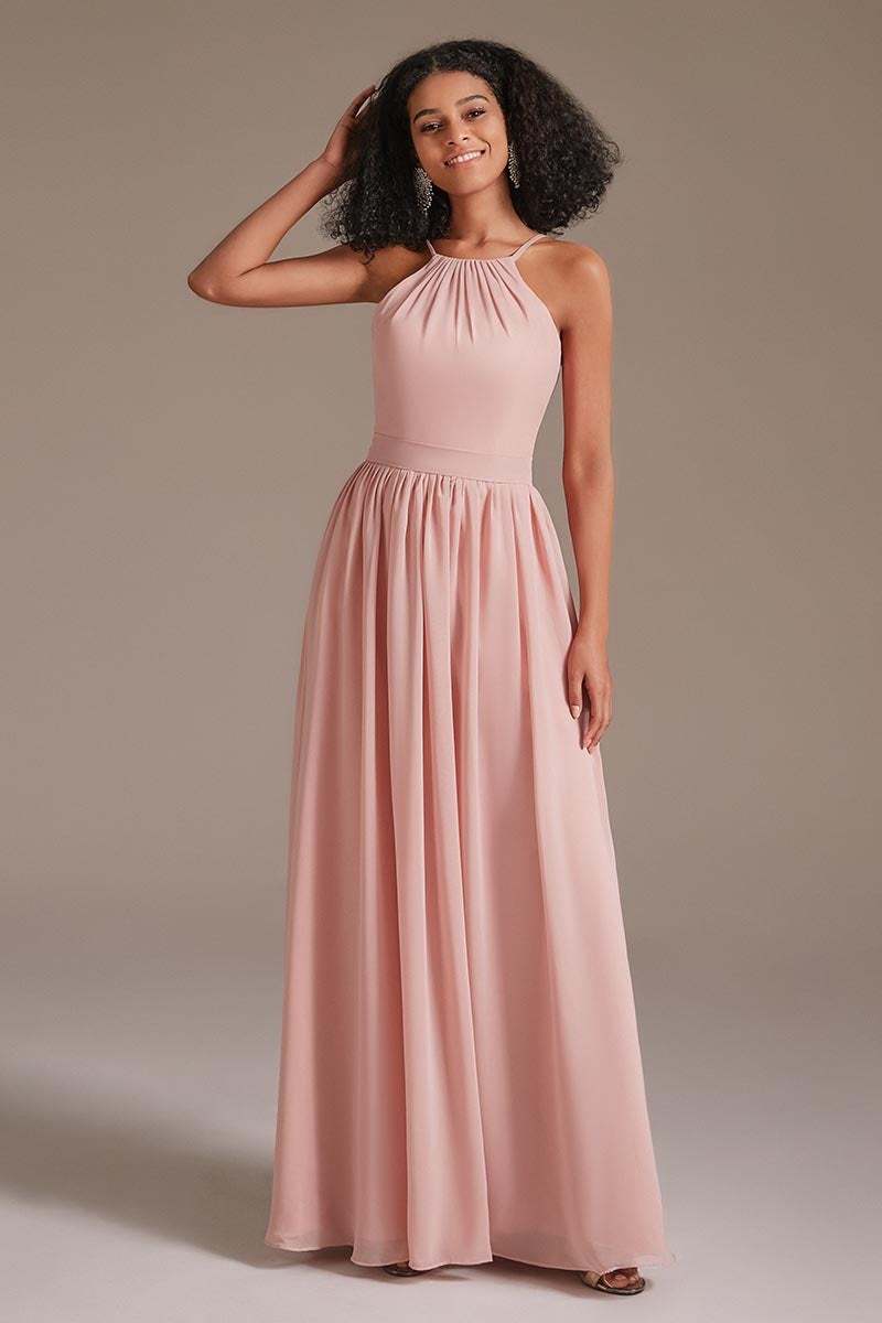 Chiffon Pink Halter Bridesmaid Dress