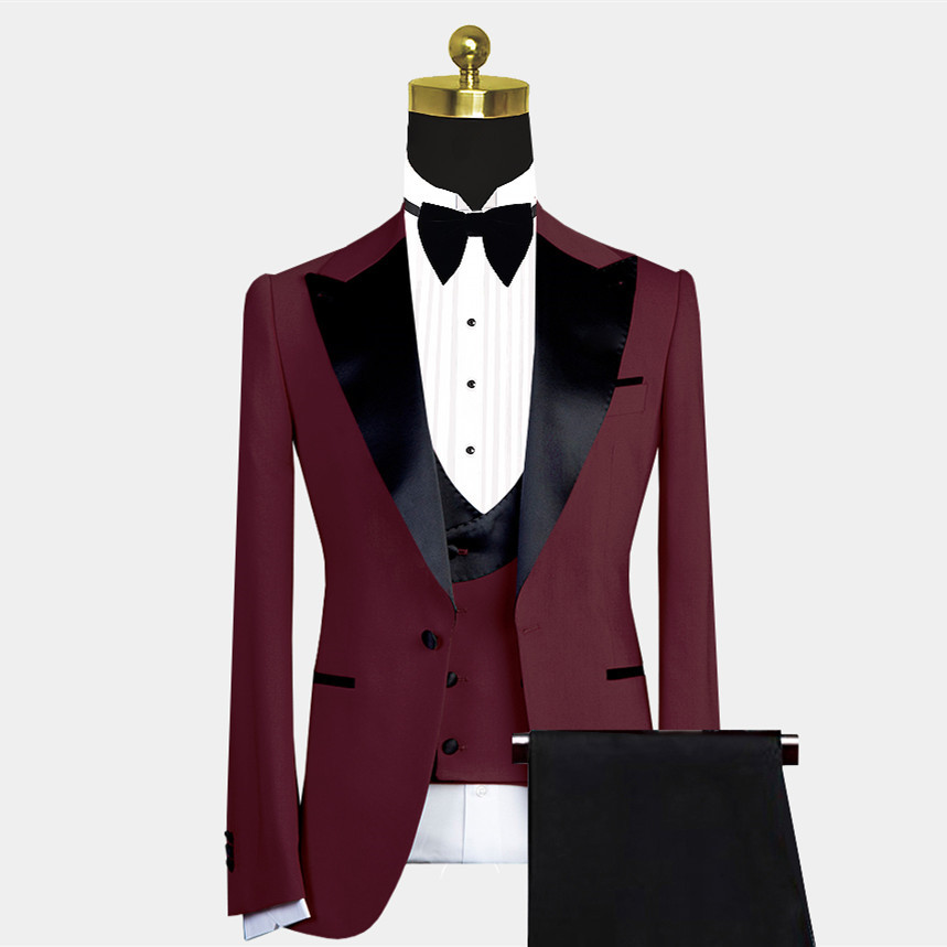 Modern Slim Fit Black Lapel Burgundy Wedding Suit for Men with