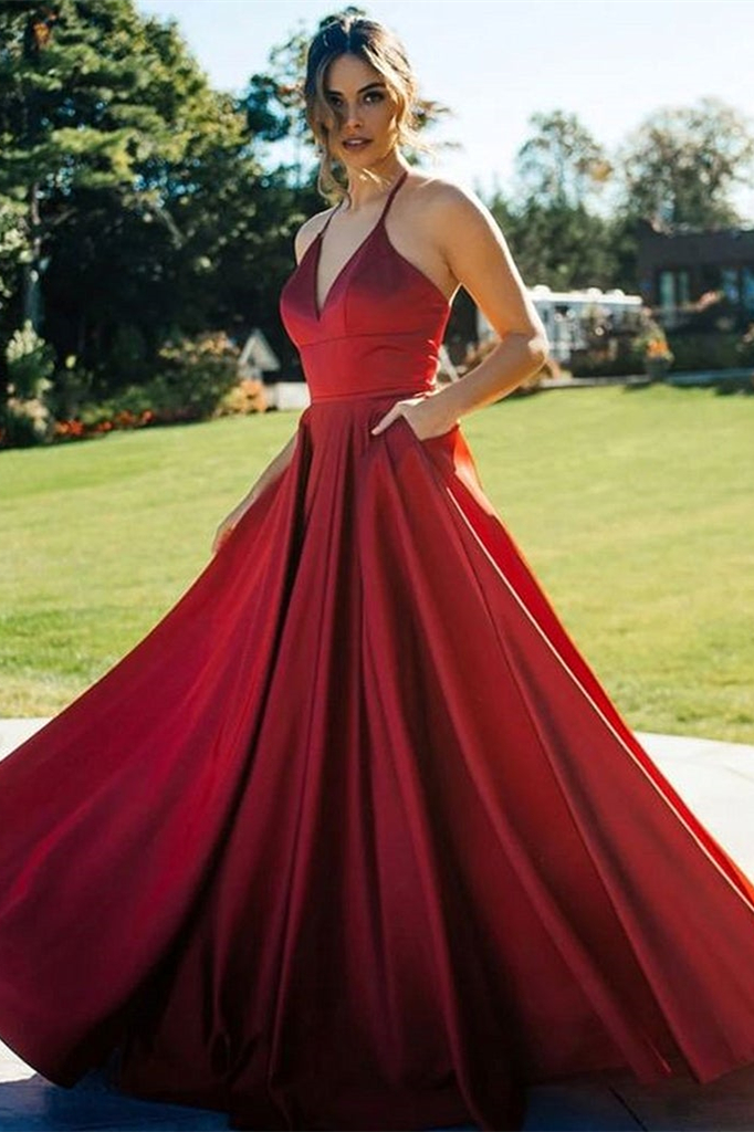 V-Neck Evening Dress Red With Pockets