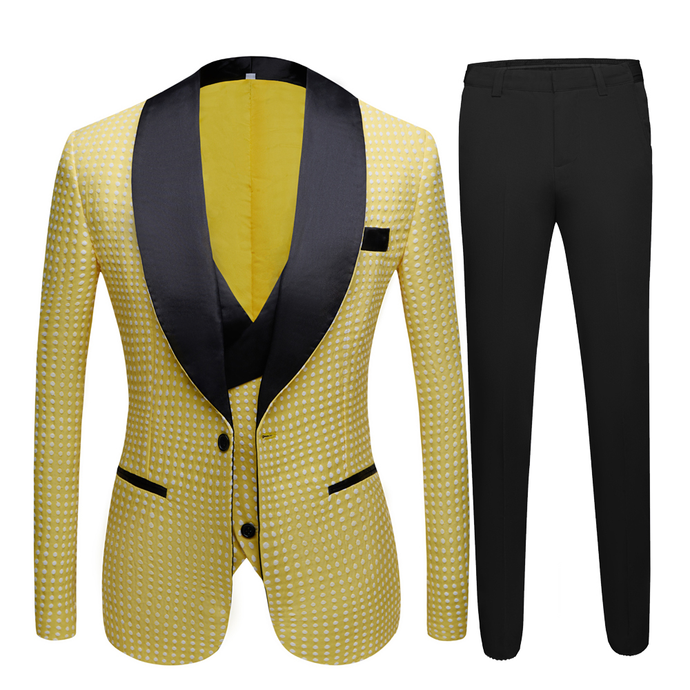 Unique Yellow Dot Slim Fit Wedding Suit for Men with Shawl Lapel