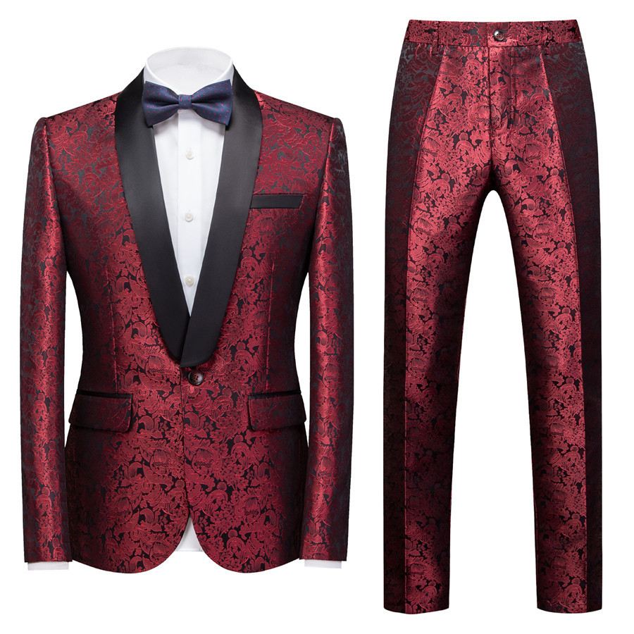 Chic Slim Fit Ruby Jacquard Shawl Lapel Wedding Suit for Men