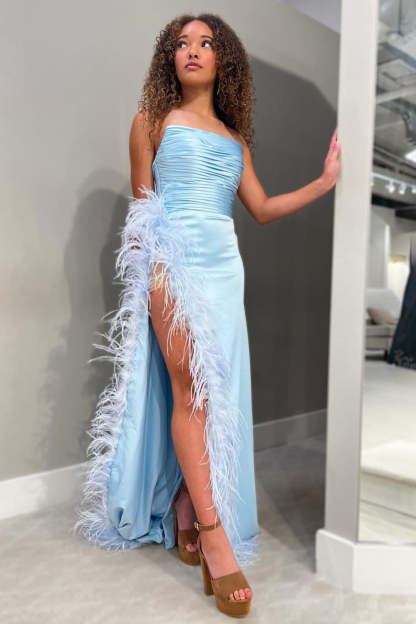 Long Green Strapless Prom Dress with Front Split and Beauty Sheath