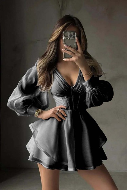 White Long Sleeves V Neck Short Formal Dress With Ruffles Pleated