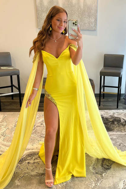 Yellow Long Prom Dress with Slit in A-Line Off-the-Shoulder Style