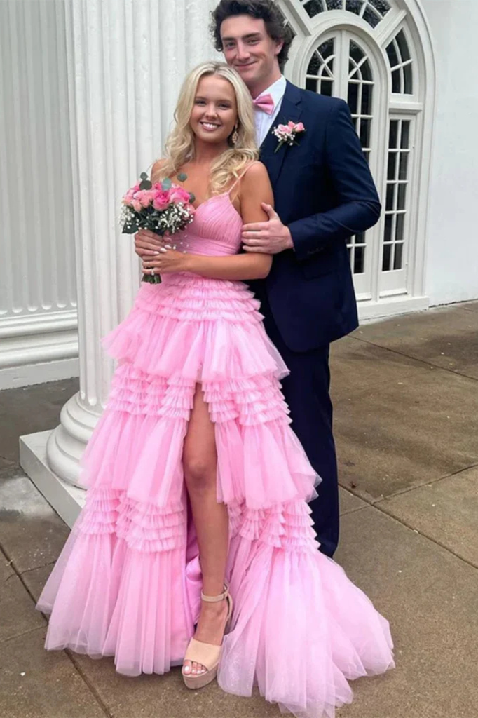 Pink Long A-Line Prom Dress Featuring Spaghetti Straps and a Split
