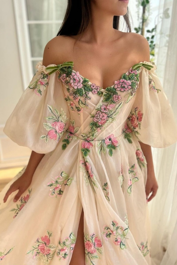 Elegant Off-The-Shoulder Floral Embroidered Split Evening Dress With Puff Sleeves