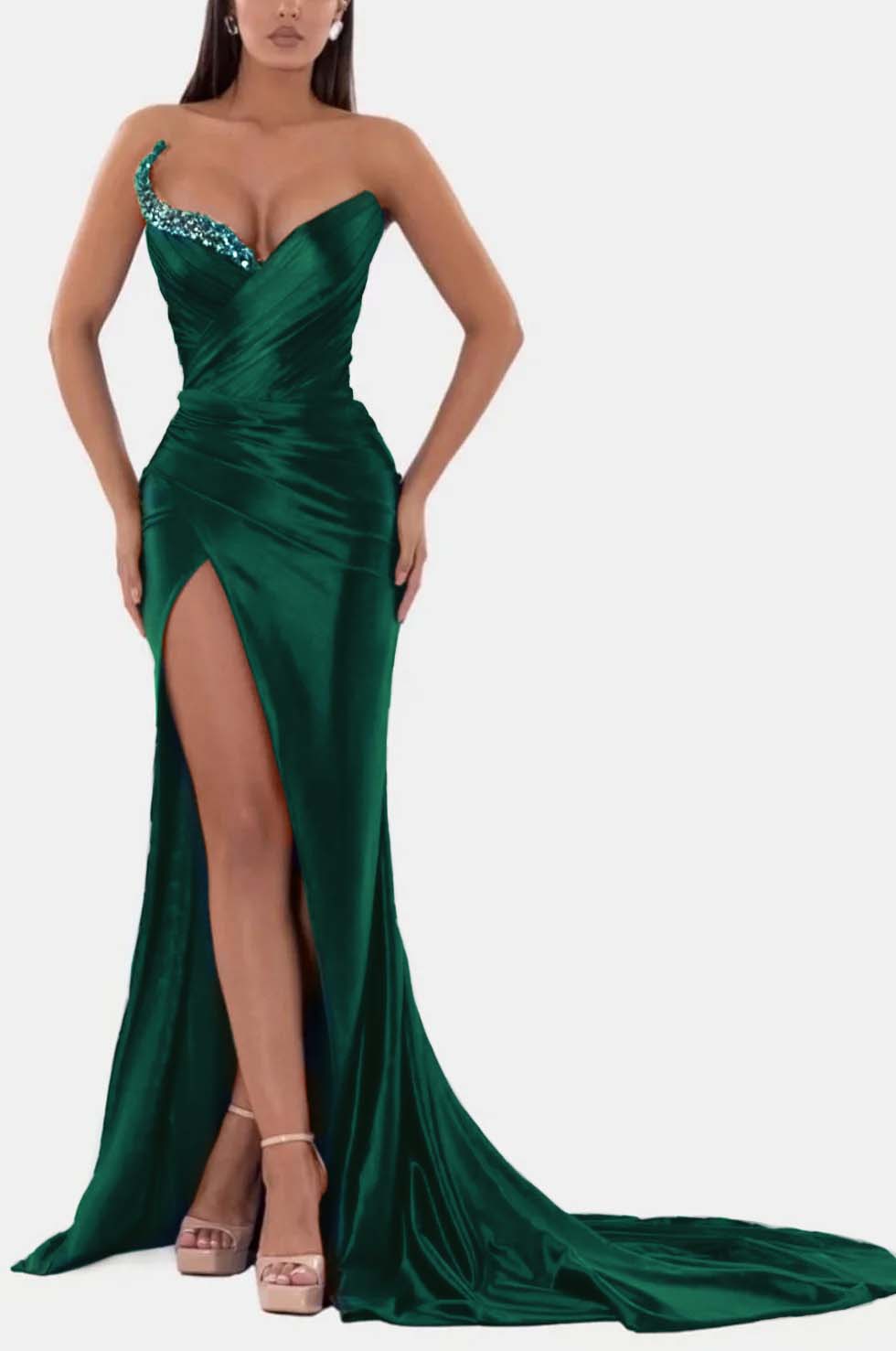 Sexy Royal Blue Formal Dress V Neck With High Slit Pleated Strapless Sleeveless