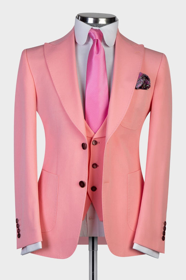 Dick Fashion Pink Peaked Lapel Slim Fit Three-Piece Men's Suits for Prom