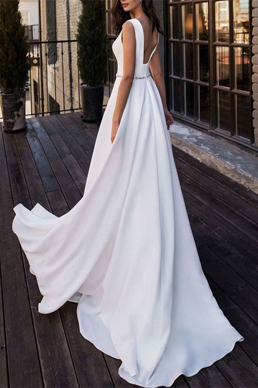 Long V-Neck Wedding Dress Backless