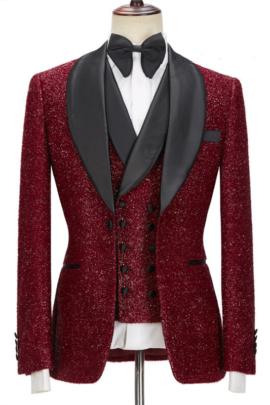 Sparkle Red Three-Piece Wedding Suits with Black Shawl Lapel