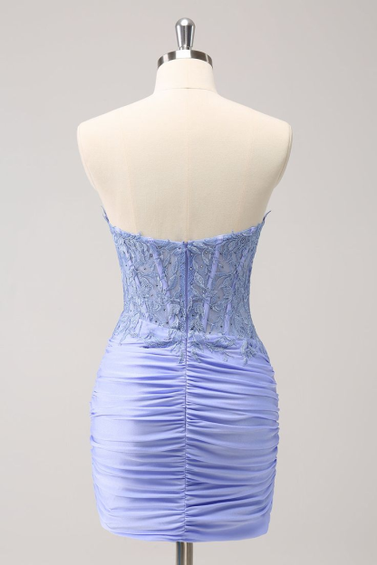 Light Purple Sweetheart Pleated Embroidery Glamorous Short Mini cocktail Dress